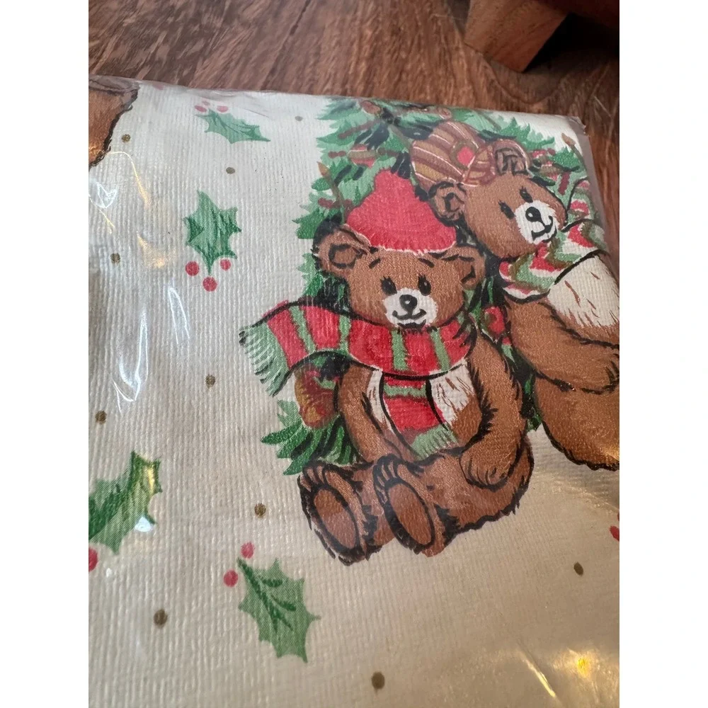 Vintage Christmas Bear Flannel‎ Backed Vinyl Tablecloth Round 60 inch